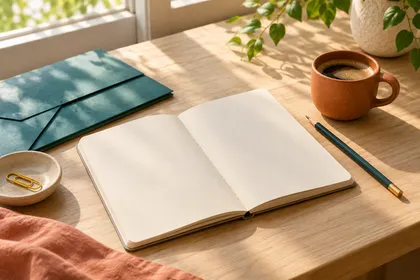 An open notebook, teal folder, yellow clip and terracotta cup on a bright desk