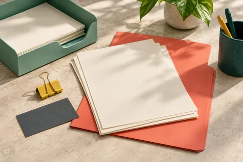 Cream documents, a coral folder, mint stationery and a yellow clip on a sunlit desk